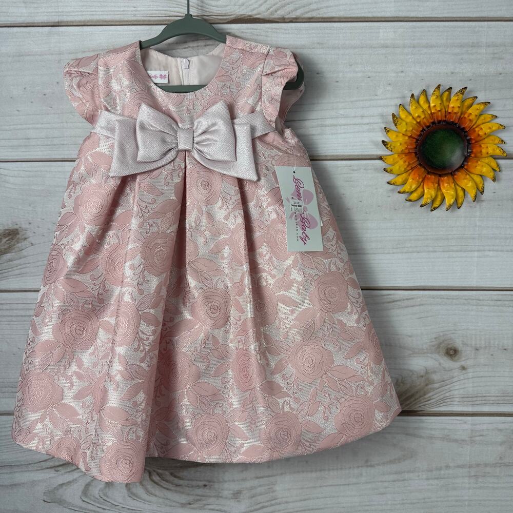 Bonnie Baby Girls‎ Pink Brocade Rose Floral Bow Dress Set 24M